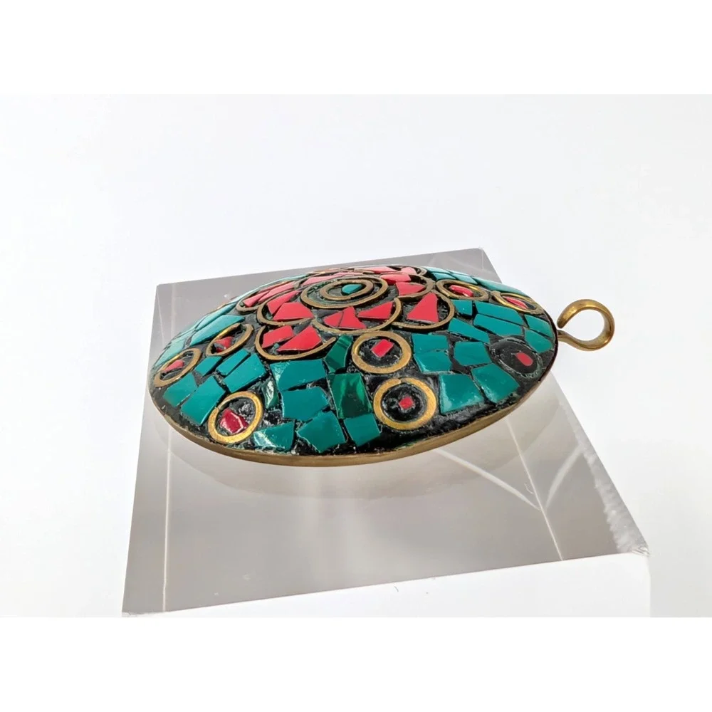 Vintage‎ Tibetan Dome Medallion Pendant Brass Red Blue Inlay Mosaic Statement